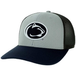 trucker hat with Penn State Athletic Logo on gray front with navy brim and olive back